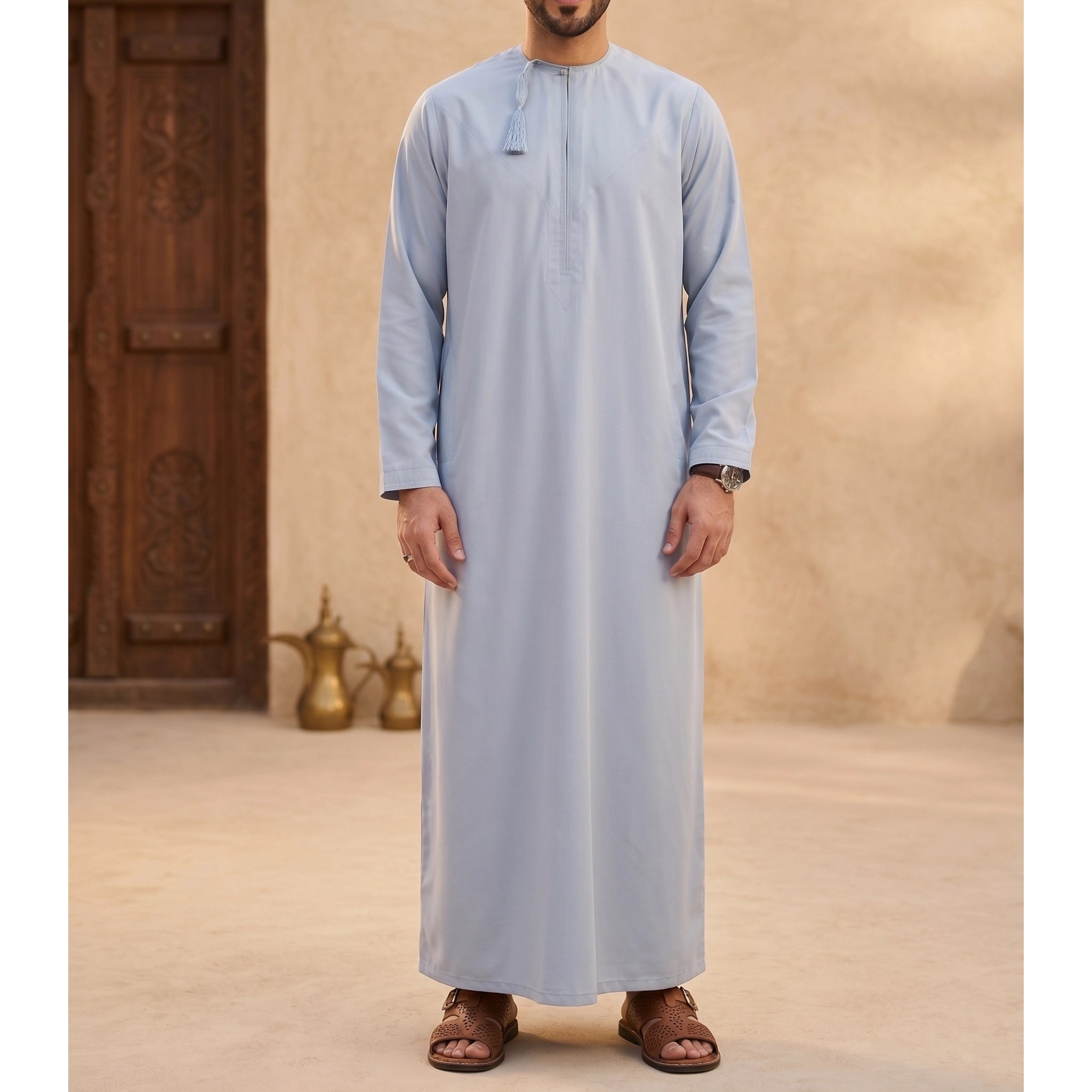 Premium Water-Resistant Omani Thobe for Men in Fog Blue