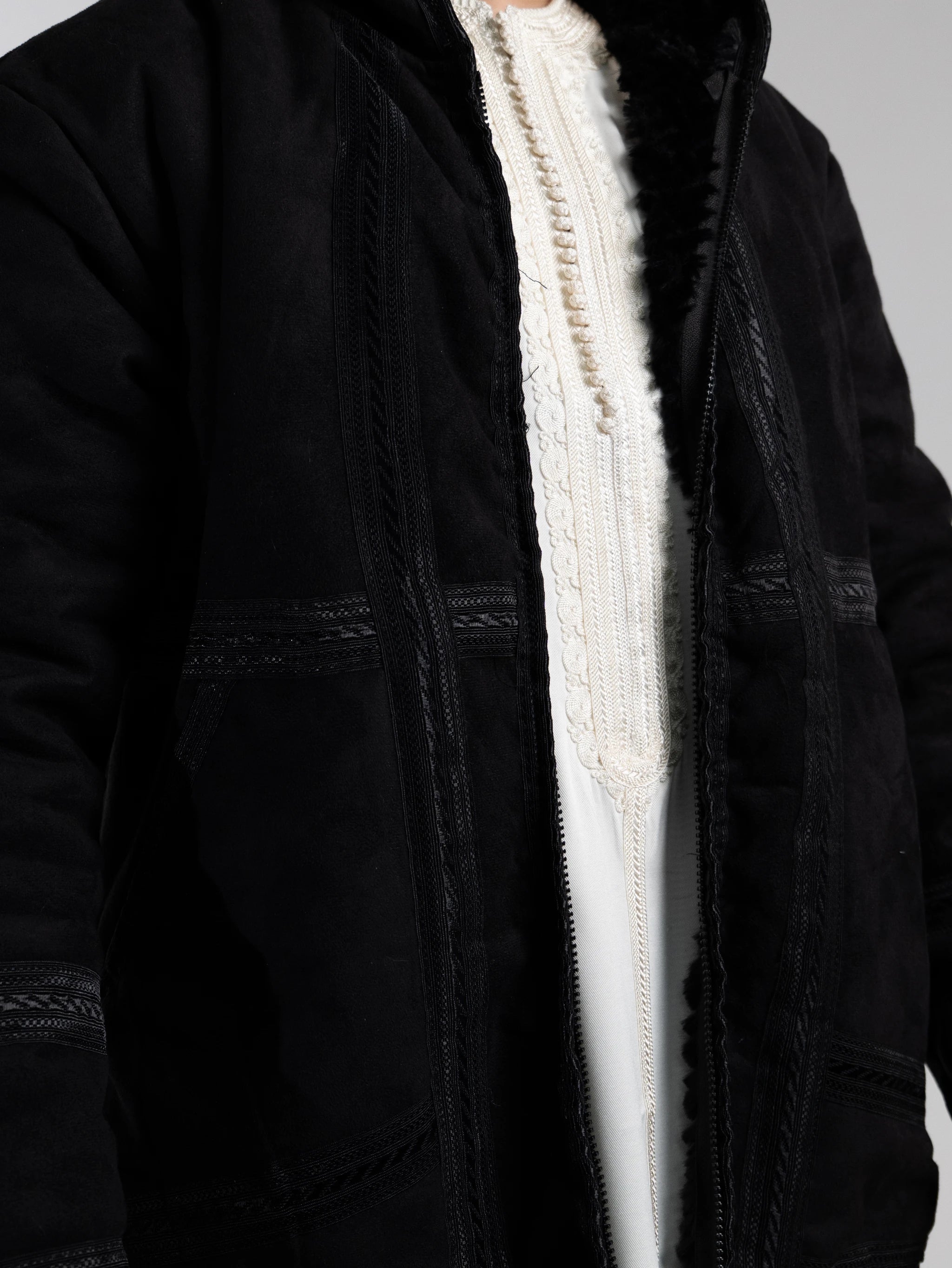 Hooded Farwa Bisht Overcoat in Onyx Black