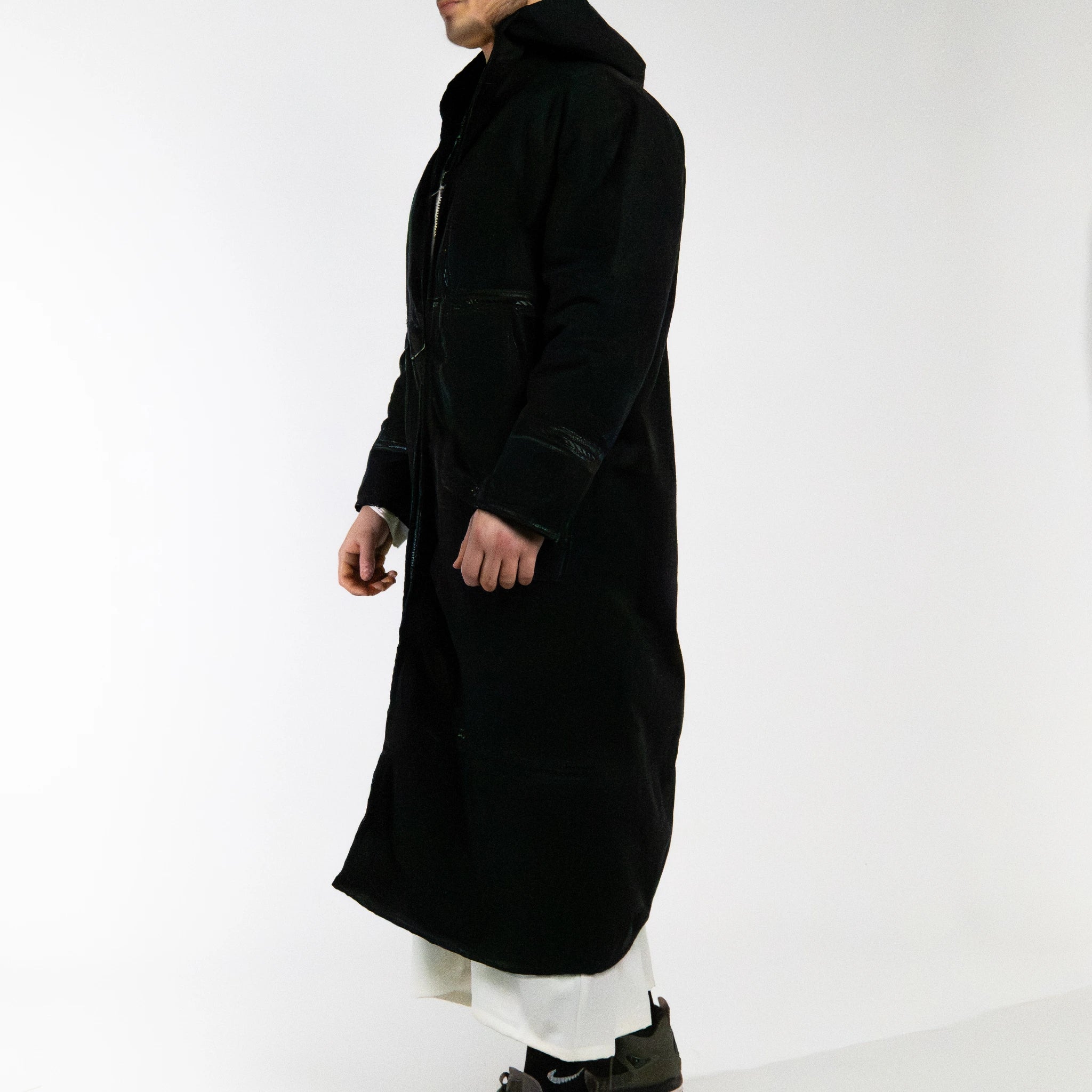 Hooded Farwa Bisht Overcoat in Onyx Black