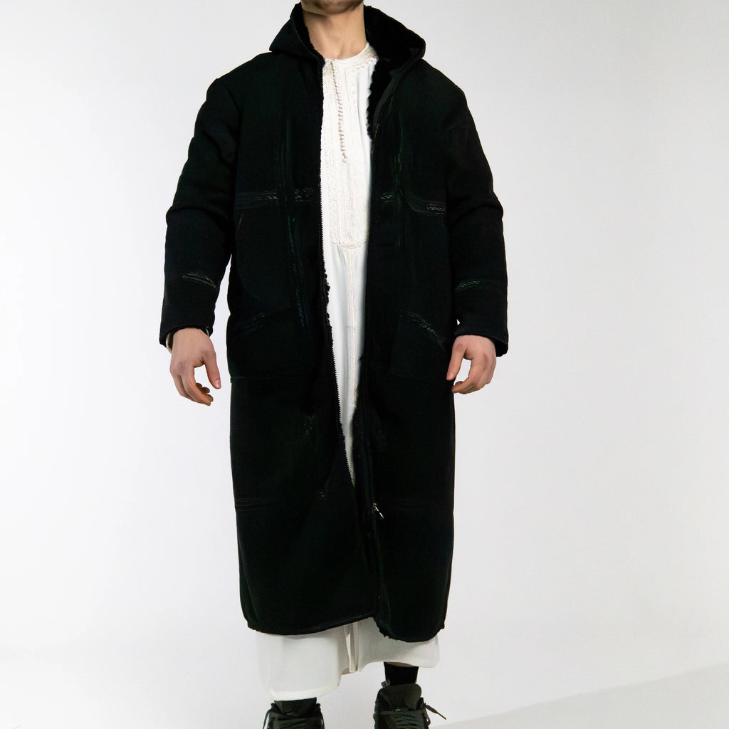 Hooded Farwa Bisht Overcoat in Onyx Black