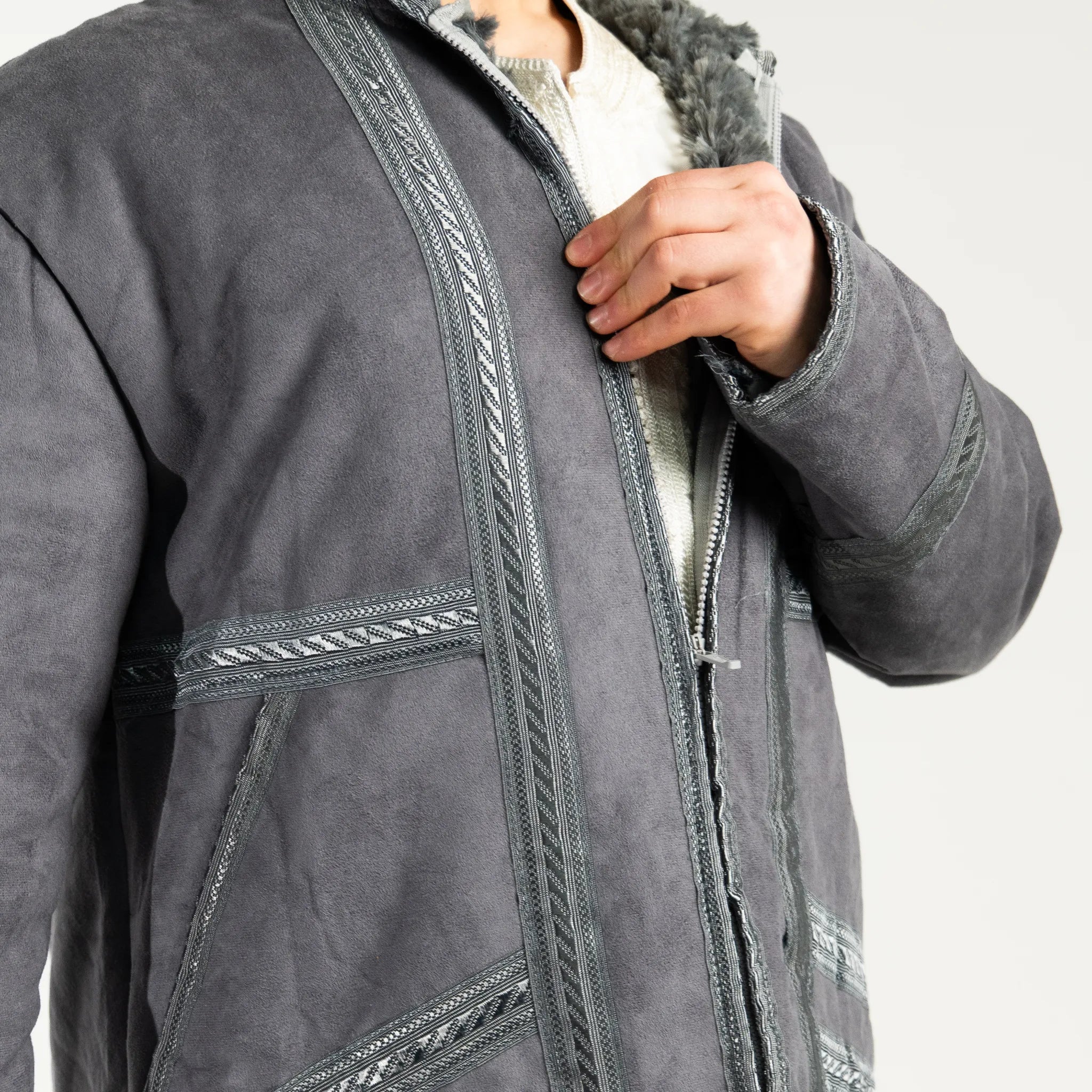 Hooded Farwa Bisht Overcoat in Stone grey