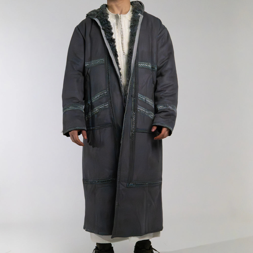 Hooded Farwa Bisht Overcoat in Stone grey