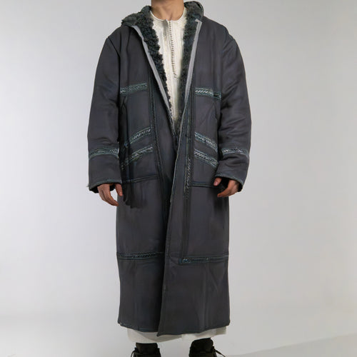 Hooded Farwa Bisht Overcoat in Stone grey