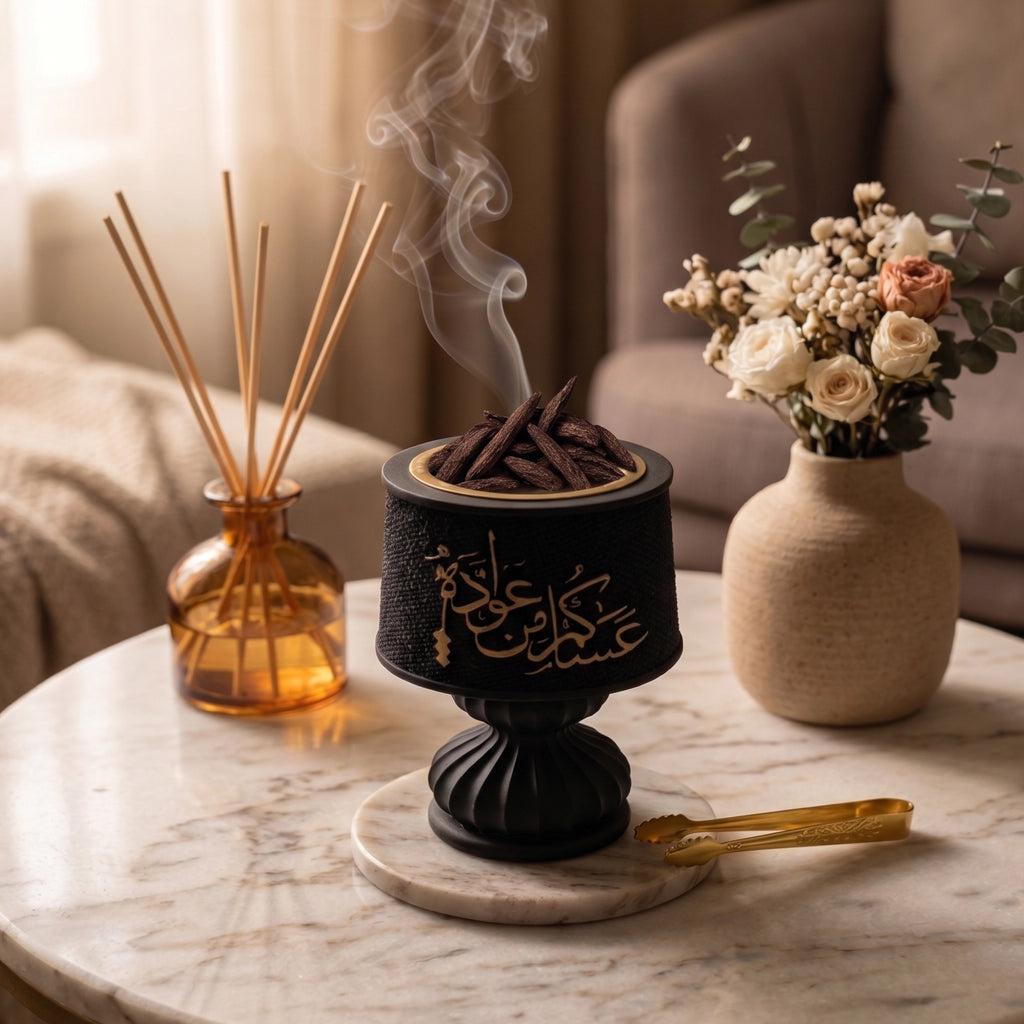 A black incense burner with gold Arabic calligraphy sits on a marble coaster on a round marble table, with incense sticks smoking upward. A reed diffuser bottle and a vase of dried flowers are styled nearby in a warm, softly lit interior setting.
