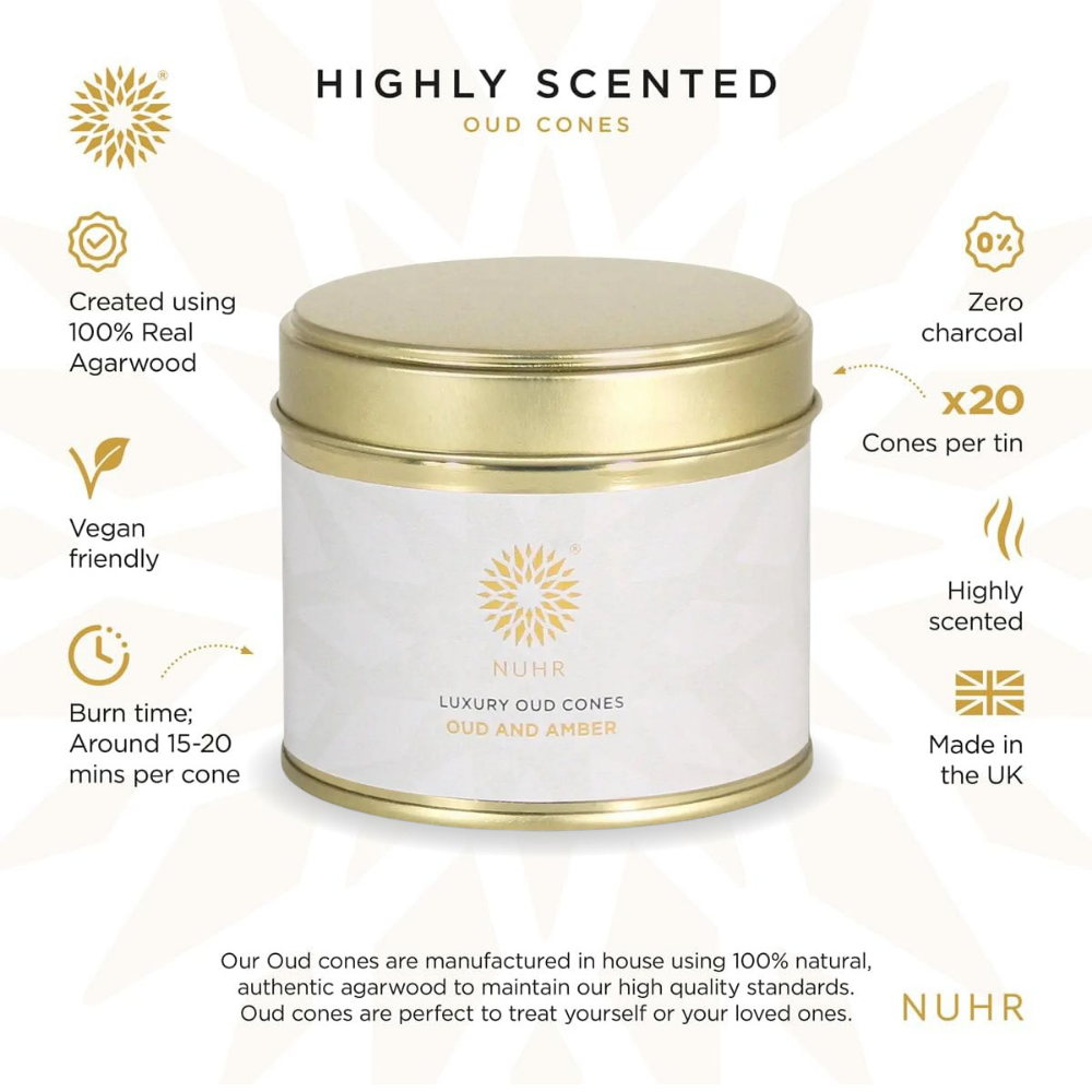 NUHR Home Luxury Oud Incense Cones – Oud & Amber (20 Pack)