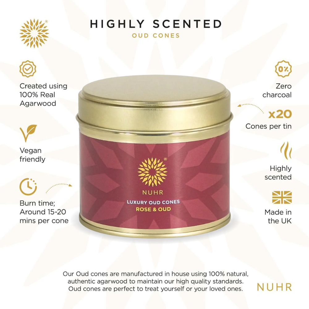 NUHR Home Luxury Oud Incense Cones – Rose & Oud (20 Pack)