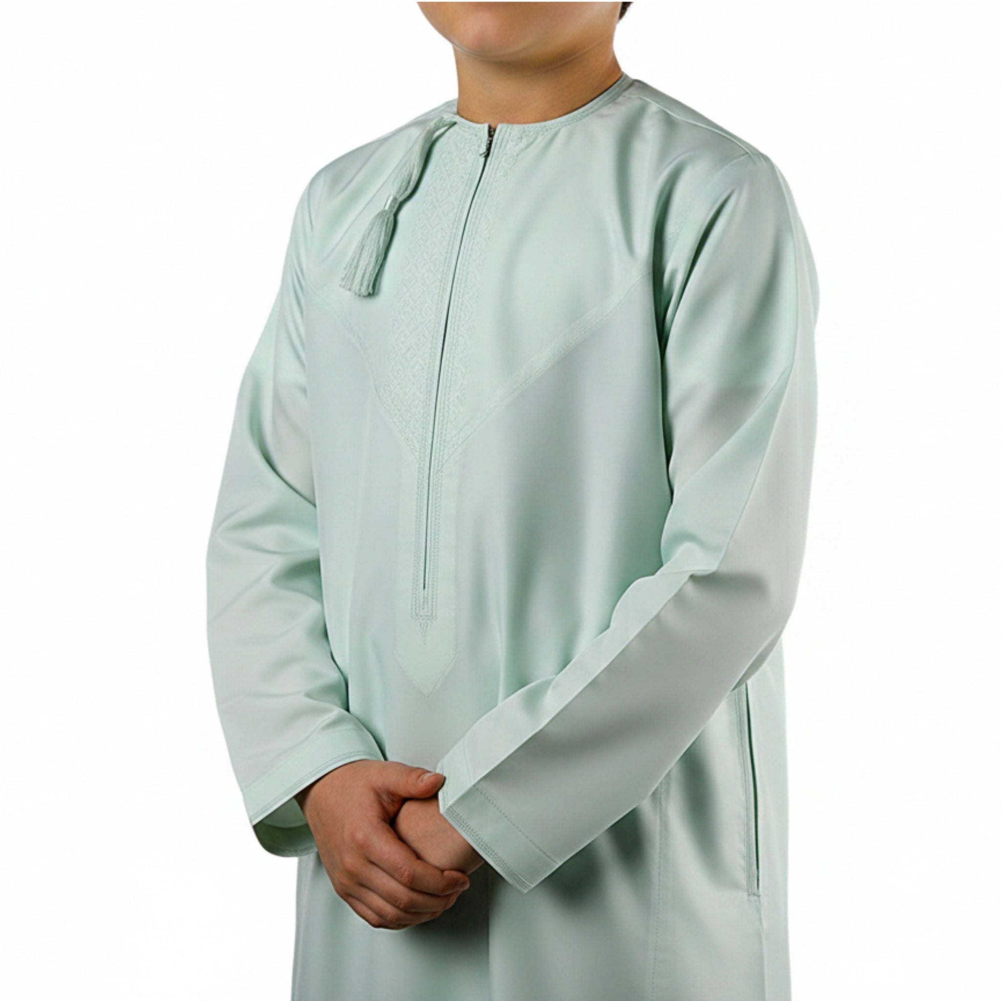 Premium Water-Resistant Boys' Pistachio Green Omani Thobe