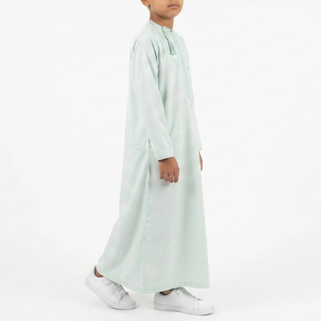 Premium Water-Resistant Boys' Pistachio Green Omani Thobe