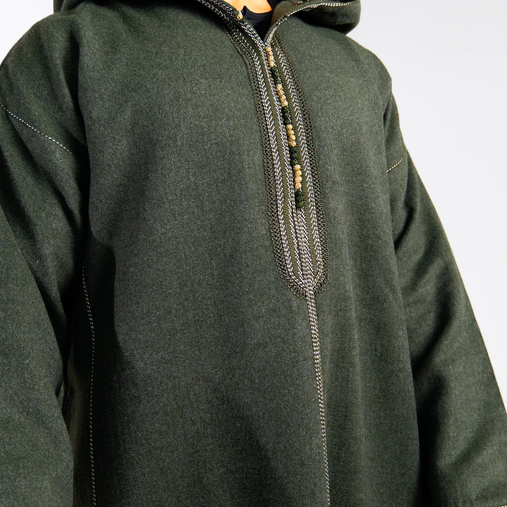 Hooded Winter Moroccan Djellaba Cloak in Nettle Green