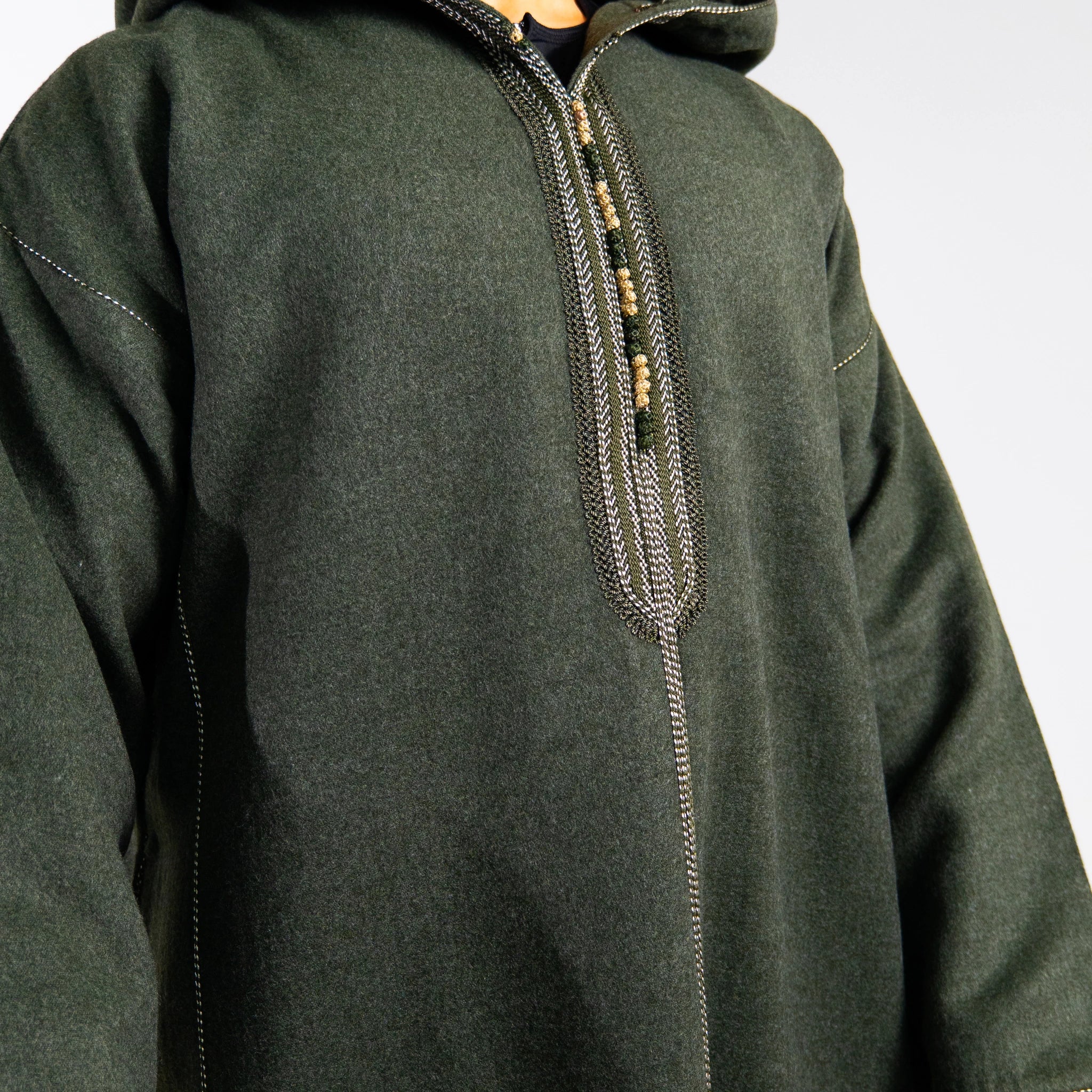 Hooded Winter Moroccan Djellaba Cloak in Nettle Green