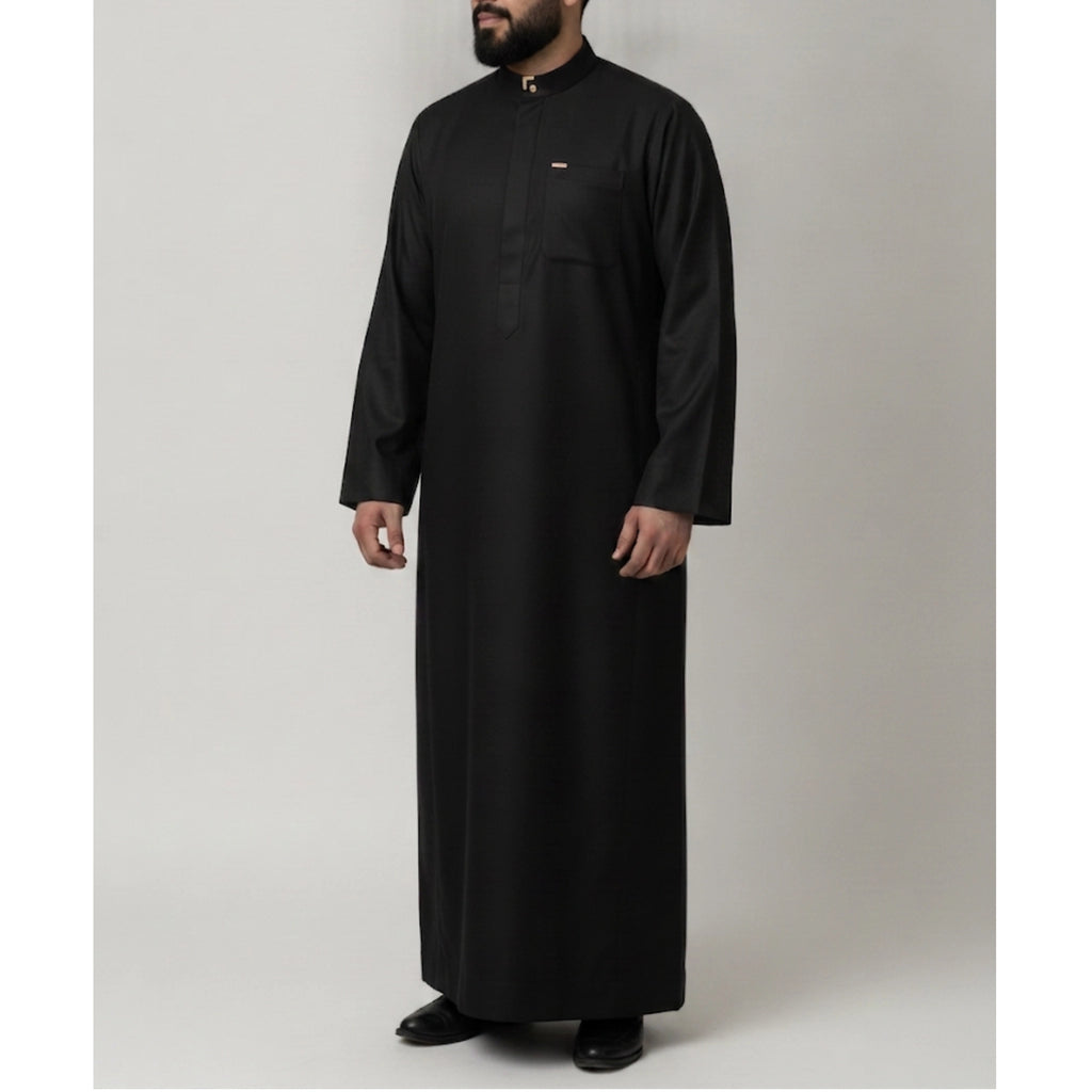 Saudi Thobe in Raven Black – Tailored Fit with Gold Accents