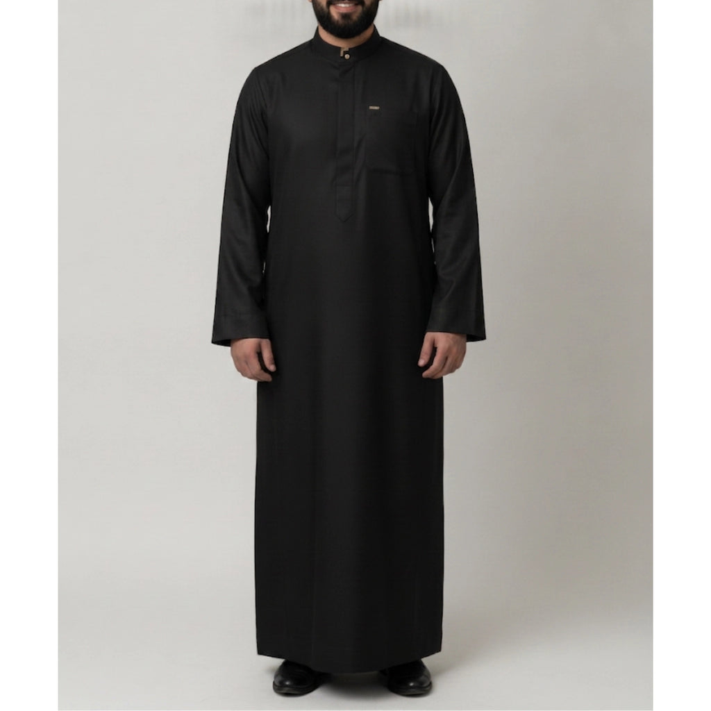 Saudi Thobe in Raven Black – Tailored Fit with Gold Accents