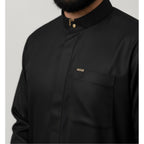 Saudi Thobe in Raven Black – Tailored Fit with Gold Accents