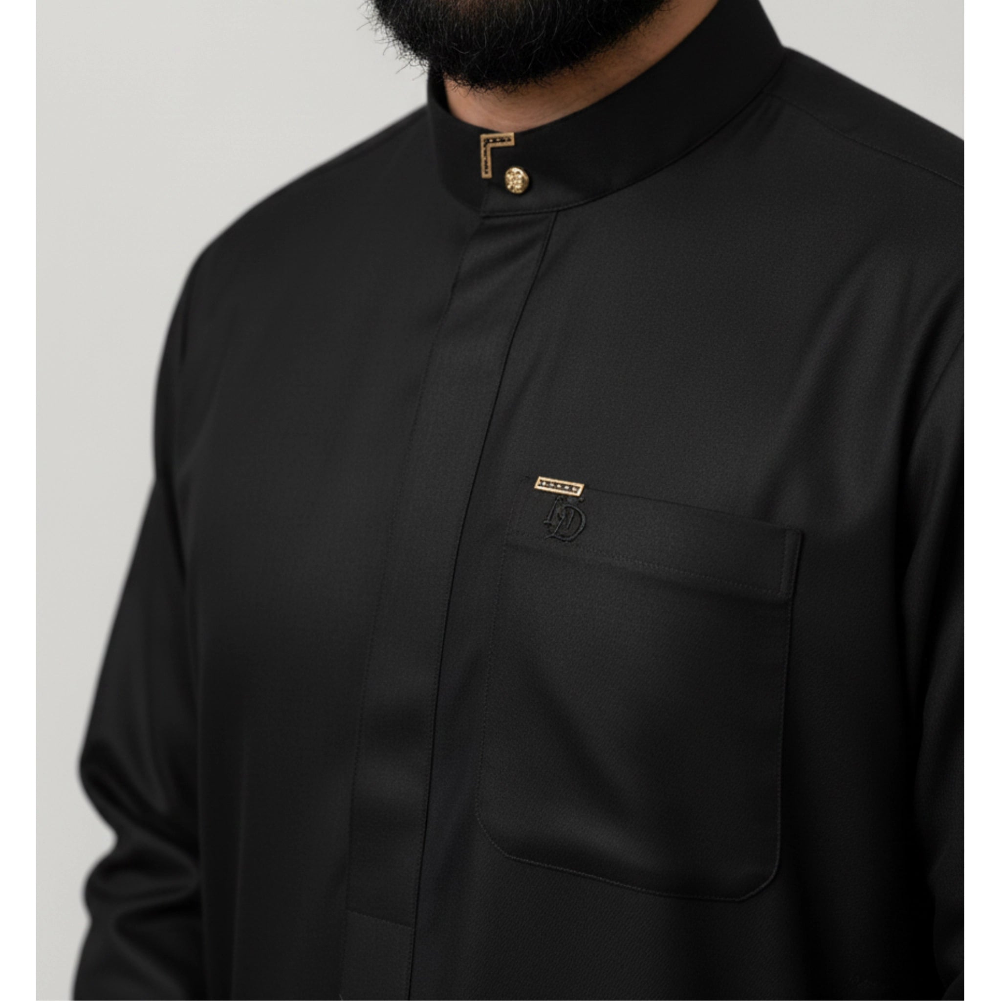 Saudi Thobe in Raven Black – Tailored Fit with Gold Accents