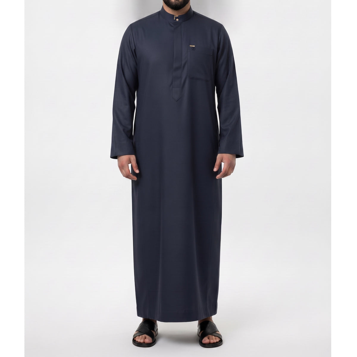 Saudi Thobe in Dark Sapphire – Tailored Fit with Gold Accents