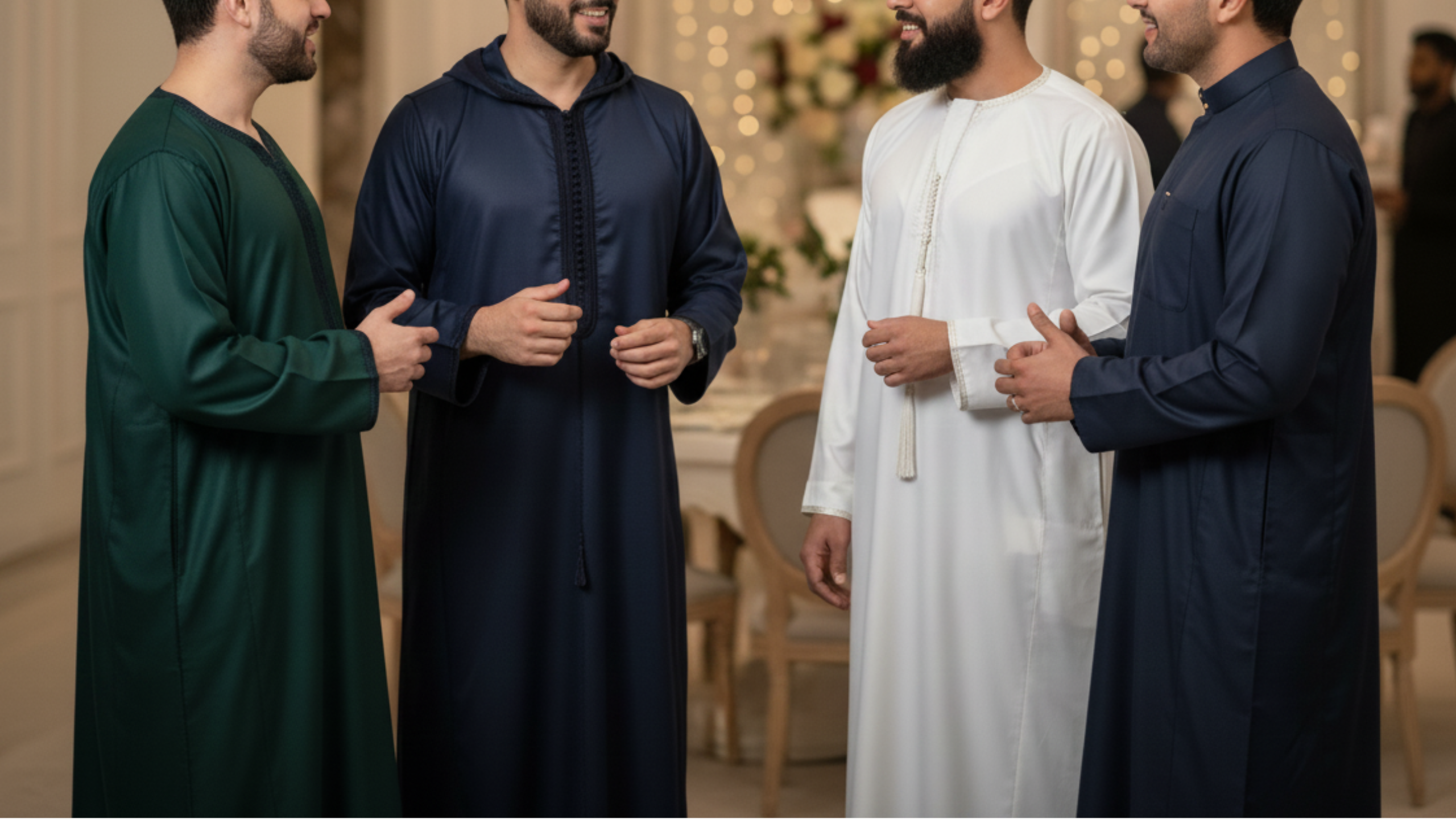 Four men in traditional Saudi, Moroccan & Emirati Arab attire thobes standing in indoors wedding venue